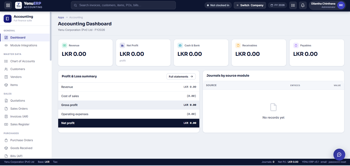 YENU ERP Accounting dashboard showing revenue, net profit, cash and bank balances