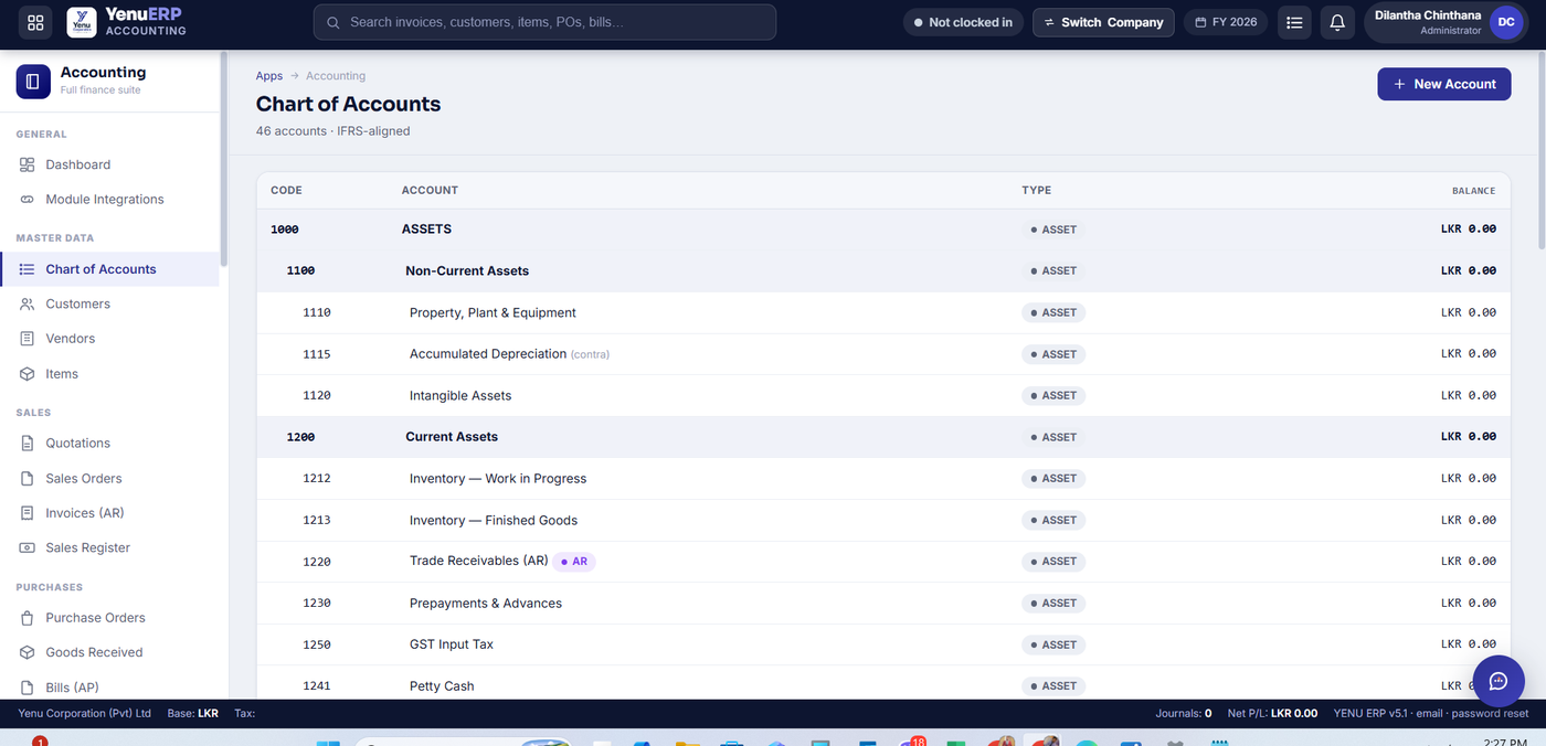 YENU ERP Chart of Accounts, IFRS-aligned