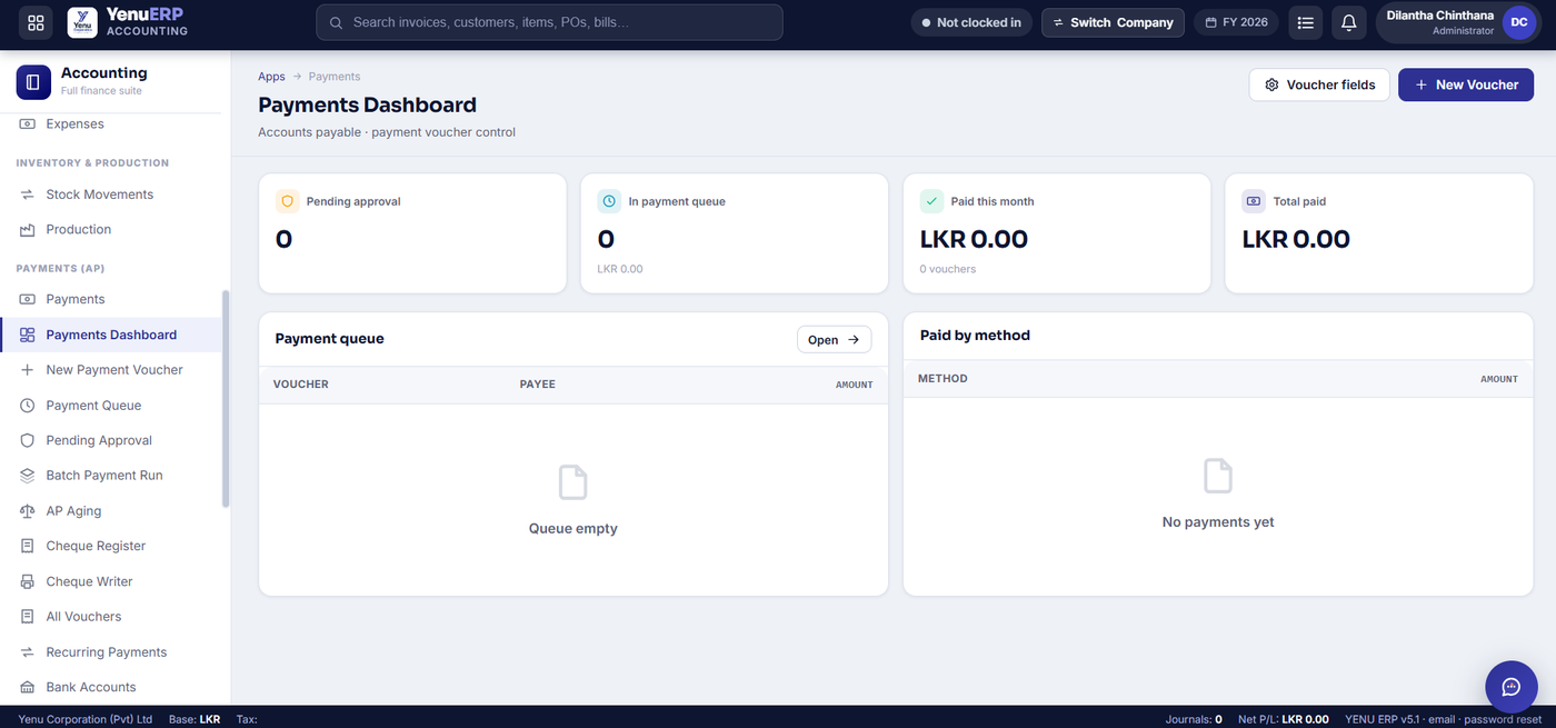 YENU ERP Payments dashboard with payment queue and approvals